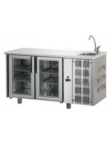 Mesa refrigerada - Lavello - N. 2 Puertas de vidrio - cm 142 x 70 x 85/92 h