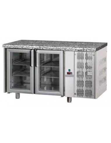 Tavolo refrigerato - Piano in granito - N.2 Porte vetro - cm 142 x 70 x 85/92 h