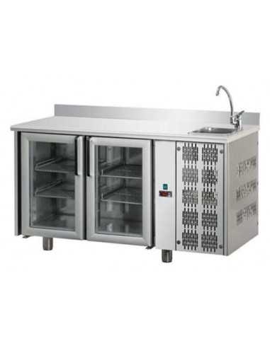 Mesa refrigerada - Alzatina - Lavello - N. 2 puertas de vidrio - cm 142 x 70 x 115/120 h