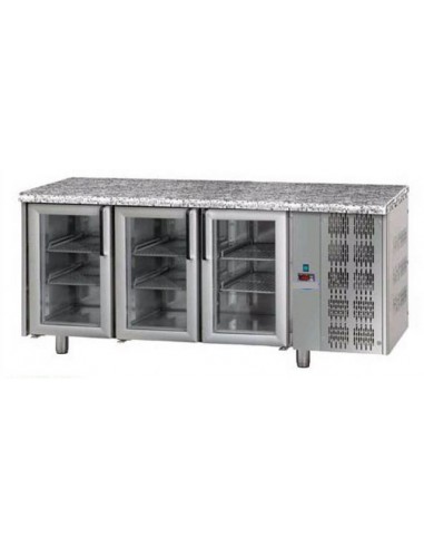 Refrigerated table - Granite top - N. 3 Glass doors - cm 188 x 70 x 85/92 h