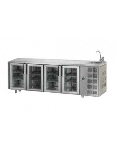 Tavolo refrigerato - Lavello - N. 4 Porte vetro - cm 232 x 70 x 115/120 h