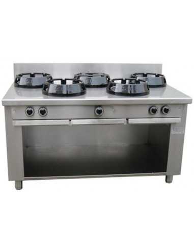 Cucina cinese gas - 5 fuochi - Piano liscio - Su misura - Potenza tra kW 9.5/14/21 - cm 150 x 100 x 85 h