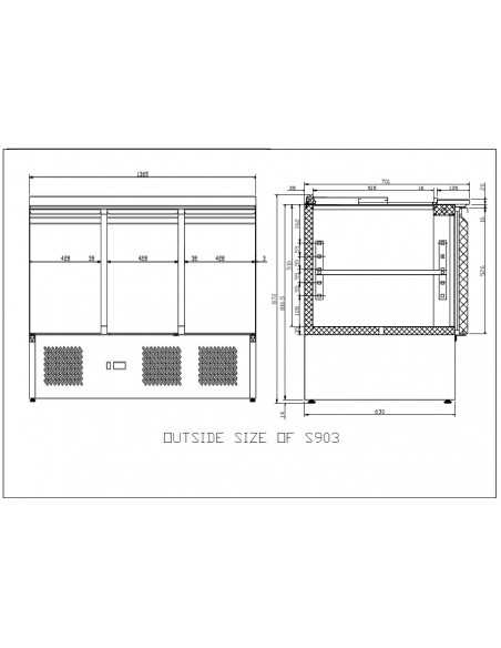Saladette refrigerata - N. 3 porte - cm 136.5 x 70 x 85 h