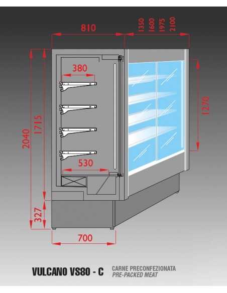 Murale refrigerato inox per carne preconfezionata con porte scorrevoli e 4 ripiani - cm 160 x 76,5 x 203 h