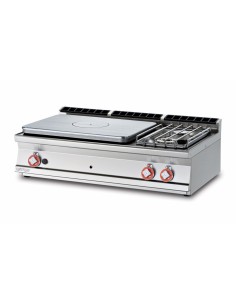 Professional gas range— Plate, plus 2 burners—120 x 70.5 x 28 cm h