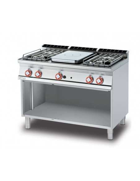 Cocina de gas profesional - Placa con 4 quemadores y compartimento abierto - Cm 120 x 70,5 x 90 h