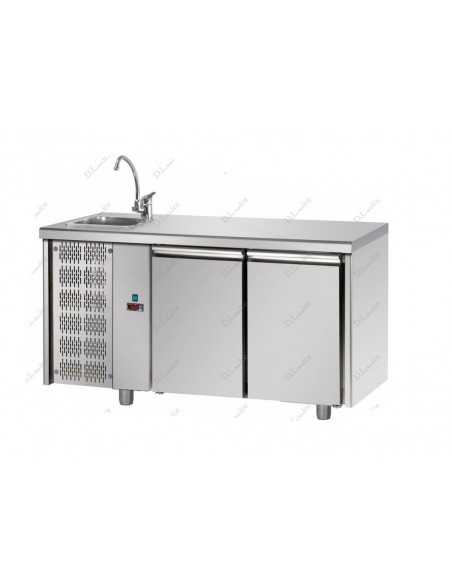 Mesa refrigerada con fregadero, 2 puertas y motor - Temperatura +0° +10°C - cm 142 x 70 x 115/120 h