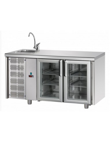 Refrigerated table - Lavello - N. 2 Glass Doors - Left Motor - cm 142 x 70 x 115/120 h