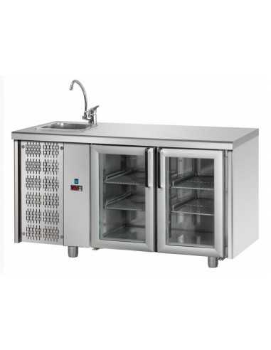 Tavolo refrigerato - Lavello - N. 2 Porte vetro - Motore a sx - cm 142 x 70 x 115/120 h