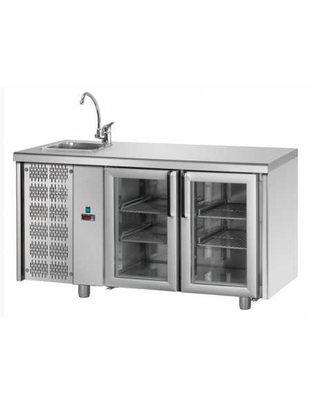 Mesa refrigerada con fregadero, 2 puertas de cristal y motor - Temperatura +0° +10°C - cm 142 x 70 x 115/120 h