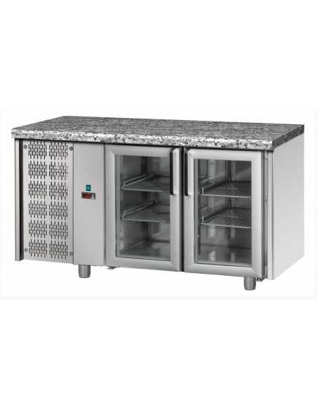 Mesa refrigerada con 2 puertas de cristal y motor a la izquierda - Temperatura +0° +10°C - cm 143 x 70 x 85/92 h