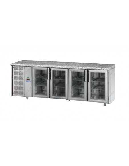 Mesa refrigerada con 2 puertas de cristal — Motor a la izquierda y sin encimera — cm 142 x 70 x 80/87 h