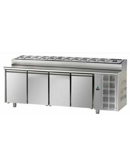 Refrigerated table with 12 bins and 4 doors - Temperature +0° +10°C - cm 232 x 70 x 95/102 h