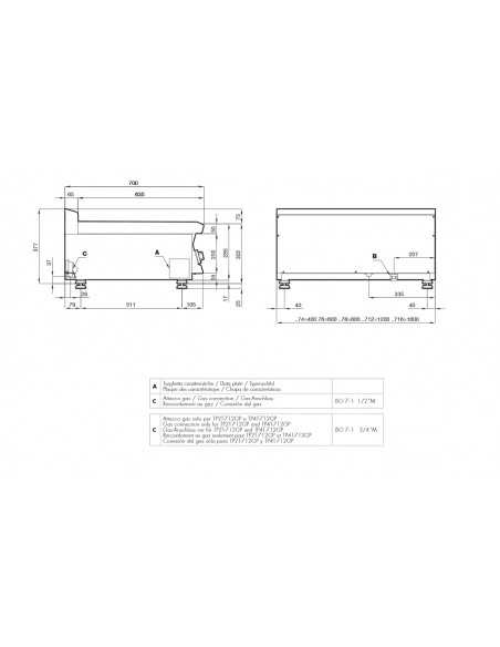 Cocina profesional de gas - Placa + 2 fogones - 120 x 70,5 x 28 cm h