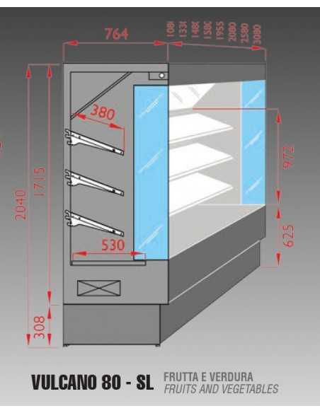 Open stainless steel fruit and vegetable display with 3 shelves and night blind - cm 308 x 76.5 x 203 h