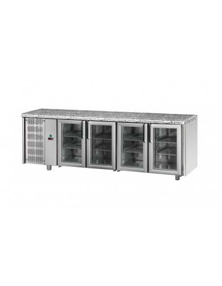 Mesa refrigerada con 2 puertas de cristal — Motor a la izquierda y sin encimera — cm 142 x 70 x 80/87 h