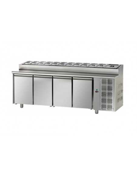 Refrigerated table with 12 bins and 4 doors - Temperature +0° +10°C - cm 232 x 70 x 95/102 h