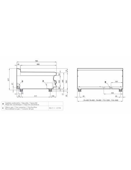 Fry top a gas - Piastra rigata al cromo - cm 120 x 70,5 x 28 h