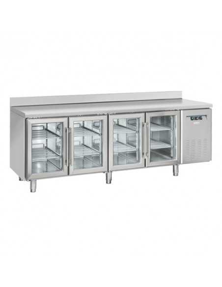 Tavolo refrigerato - N. 4 porte vetro - Alzatina - cm 225 x 72.5 x 95 h