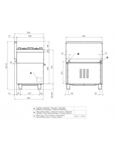 Professional gas stove - Static electric oven with grill - N° 4 burners - cm 80 x 65 x 87 h