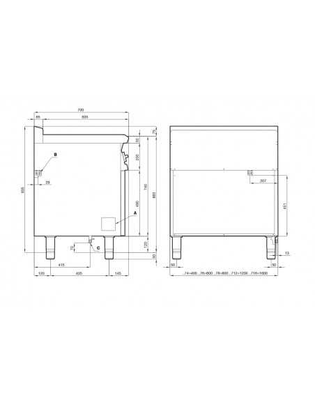 Cocina eléctrica profesional con 4 placas cuadradas - Energía kW 2.6 (x4) - Horno eléctrico ventilado - cm 80 x 70.5 x 90 h