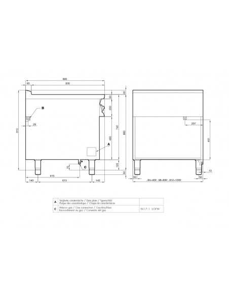 Cucina a gas - N. 4 Fuochi + Tutta piastra - Forno a gas statico  -  cm 120 x 90 x 90 h