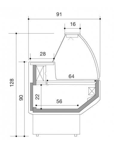 Mostrador de comida con vidrio curvado - Estático con celda -cm 250 x 91 x 128 h