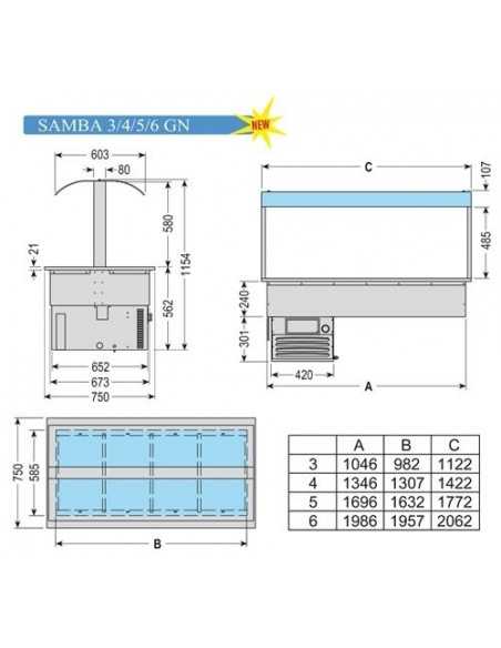 Vasca da incasso refrigerata - Vaschette GN - Cappa vetro - cm 142.2 x 75 x 115.4h