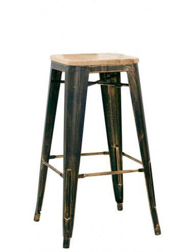 Sgabello per interno - Struttura in metallo verniciato effetto anticato - Seduta in legno  - Dimensioni cm 30 x 30 x 76 h