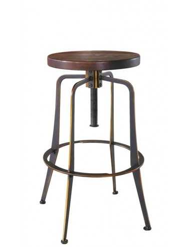 Indoor Stool - Antique Painted Metal - Adjustable wooden seat - cm 33 x 33 x 65/78 h