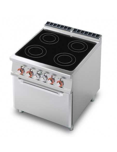 Cocina profesional de vitrocerámica con 4 zonas de cocción y horno eléctrico con ventilador - cm 80 x 90 x 90 h
