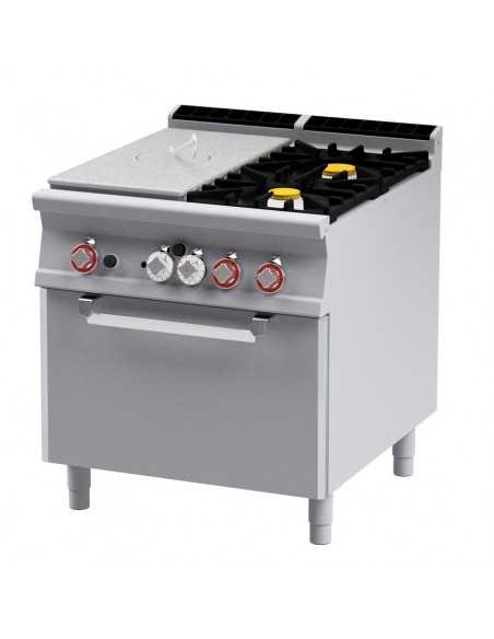 Cocina profesional de gas - N. 2 fogones + placa completa - Horno eléctrico con ventilación - cm 80 x 90 x 90 h