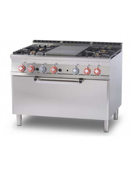 Cocina profesional de gas con 4 fogones + placa completa - Horno eléctrico estático - cm 120 x 90 x 90 h