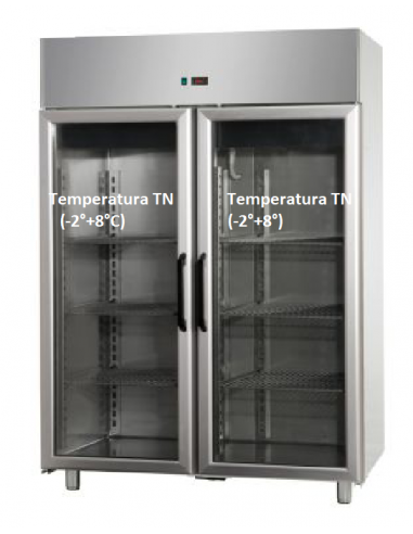 Armadio refrigerato - Capacità Lt. 1400 - Temp. -2°+8°C/-2°+8°C - Porte vetro -  Ventilata - Cm 144 x 80 x 205 h