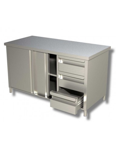 Cupboard table AISI 430 - Sliding doors - Depth 60 - Right drawer