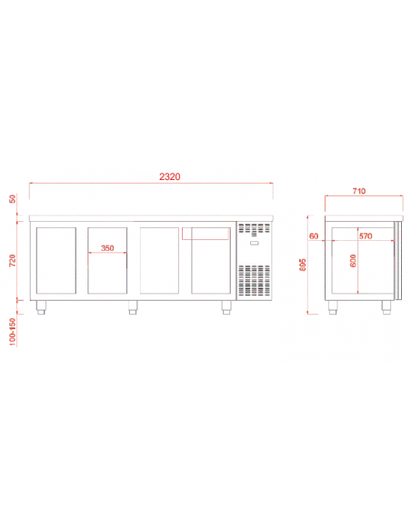 Tavolo refrigerato - N. 4 porte - cm 232 x 71 x 89 h