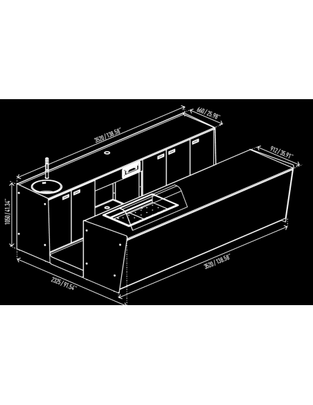 Barra y mostrador trasero - Lavabo refrigerado - Cm L 350 x P 232,5 x h 115