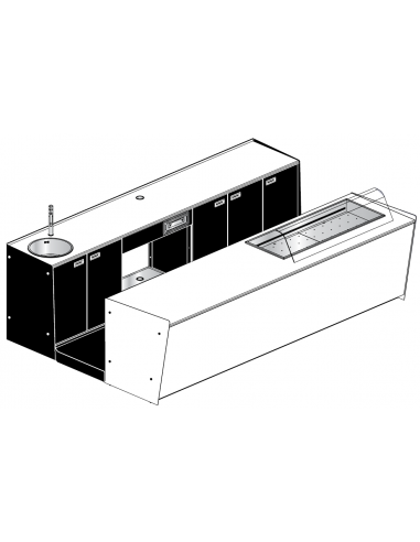 Banco bar e retrobanco - Vetro per protezione vasca - N. 4 celle refrigerate - Postazione per macchina caffè - Lavello ø 42 cm e miscelatore - Refrigerazione ventilata - Motore a bordo - Cm 350 x 232,5 x h 115