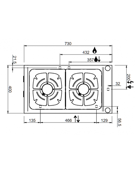 Professional gas stove with 2 burners - Power 2 x kW 7 - Cm 40 x 73 x 25 h