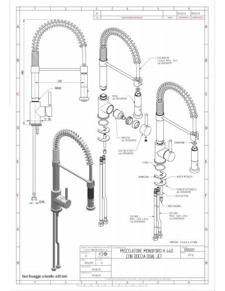 Tap single hole - Swivel spout - Dual jet shower - Height 44 cm