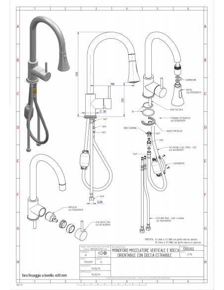 Tap single-hole - Swivel spout - Pull-out shower - Height 37 cm