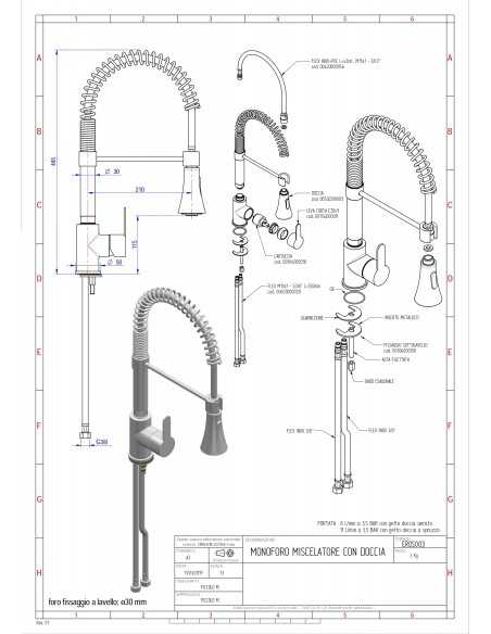 Miscelatore monoforo - Canna girevole - Doccia dual jet - Altezza 44.5 cm