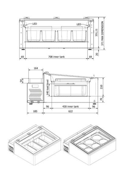 Countertop ice cream display with 4 5-liter or 8 2.5-liter trays
