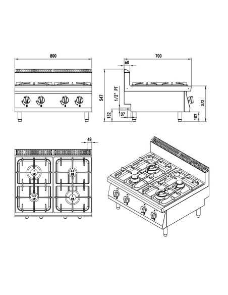 Gas cooker 4 burner - Countertop - cm 80 x 70 x 54.7 h Gas cooker 4 burner - Countertop - cm 80 x 70 x 54.7 h