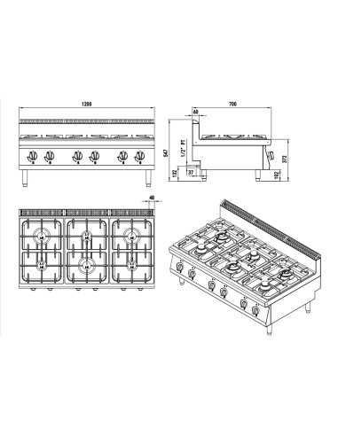 Cocina de gas de 6 fuegos - Encimera - cm 120 x 70 x 54,7 h