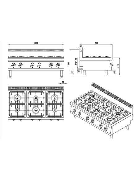 Cocina de gas de 6 fuegos - Encimera - cm 120 x 70 x 54,7 h
