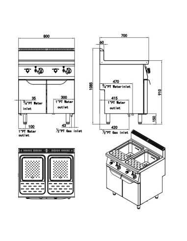 Cocedor de pasta a gas con capacidad de 24 + 24 litros - cm 80 x 70 x 108,5h