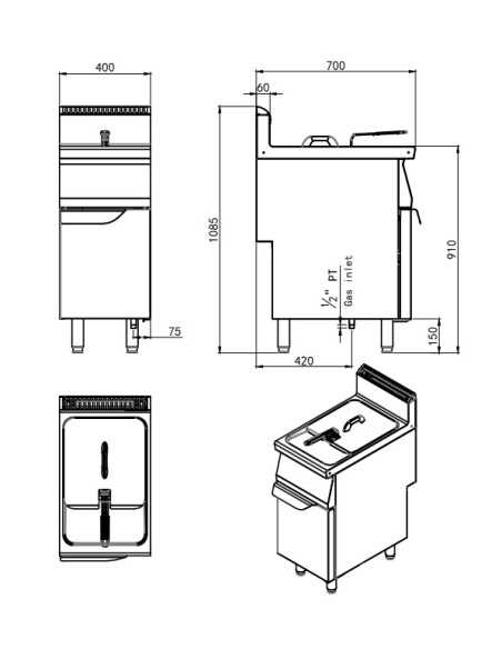 Gas fryer with 16 litre capacity - cm 40 x 70 x 108.5h
