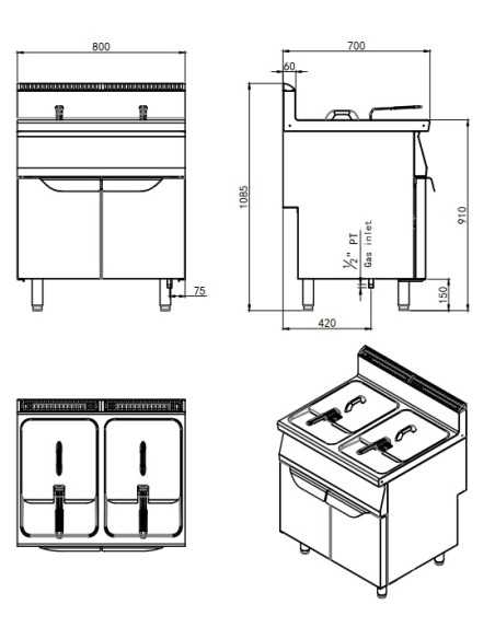 Freidora a gas con capacidad de 16 + 16 litros - cm 80 x 70 x 108,5h