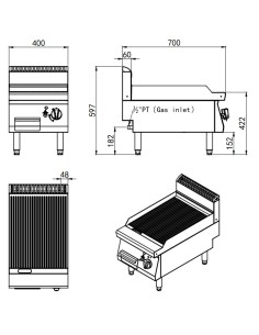 Fry top de gas con placa acanalada - cm 40 x 70 x 54,7 h 2